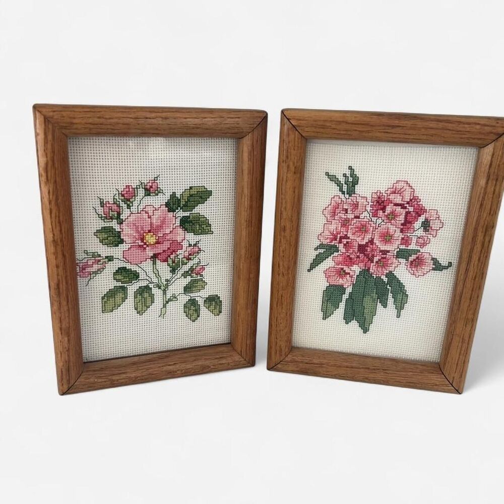 Set of 2 Vintage Coquette Style Pink Floral Hand Cross Stitched Pieces